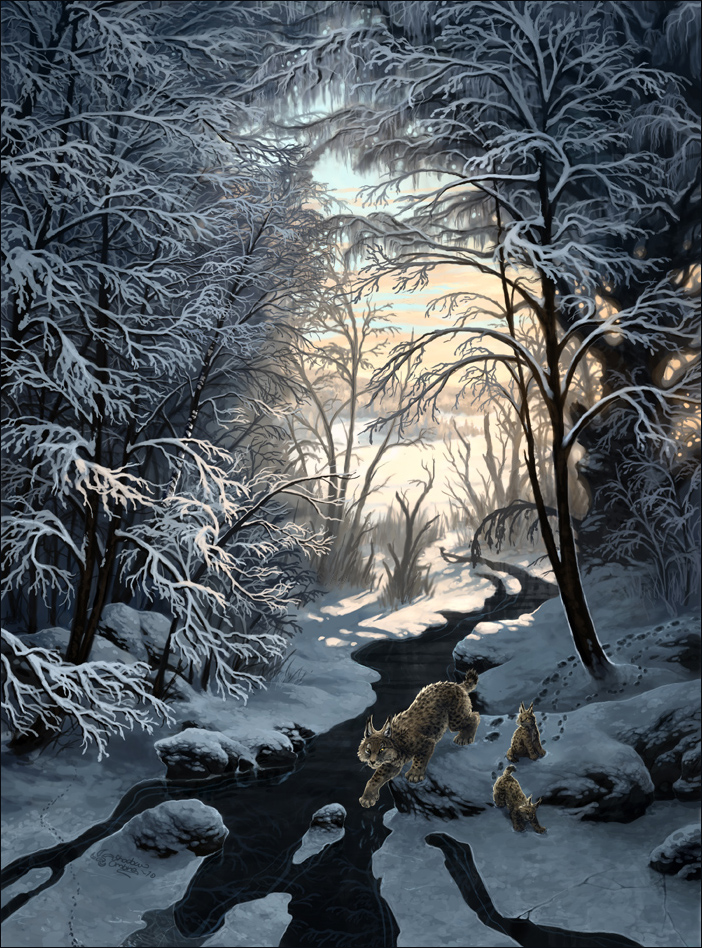 Lynx family in winter landscape. Painted by Minna Sundberg